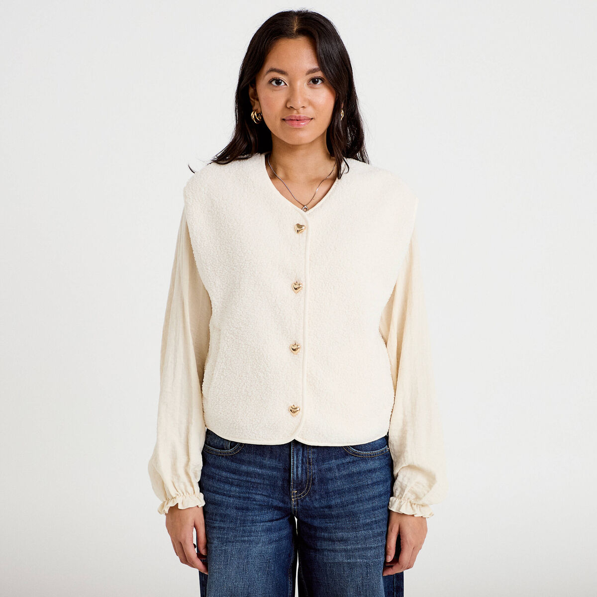 Veste sans manches effet polaire ecru femme