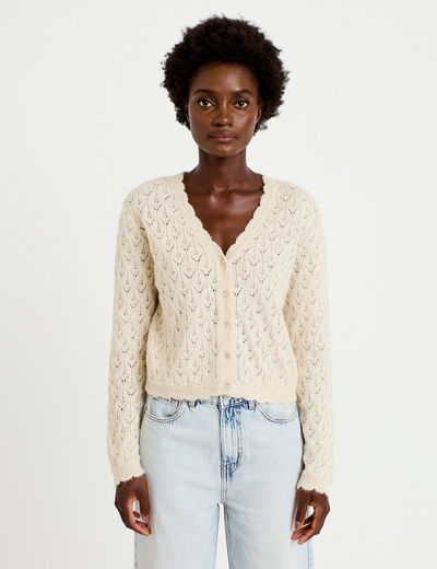 Gilet ajour&eacute; col v manches longues ecru femme