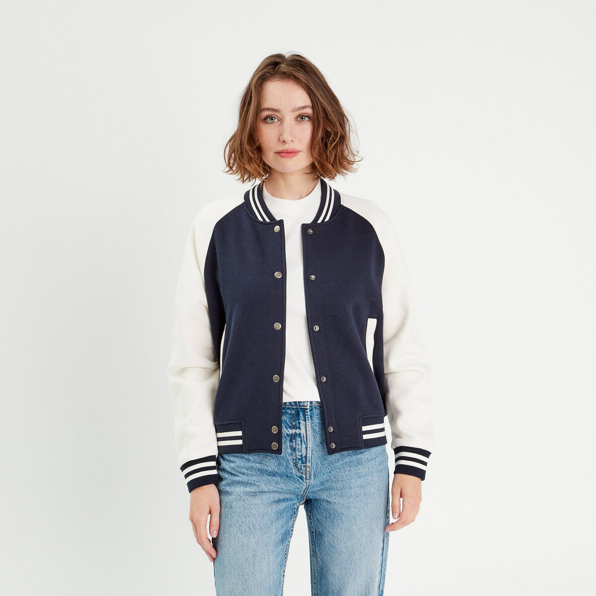 Veste boutonnée col teddy bleu marine femme