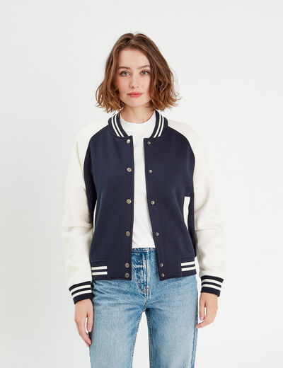 Veste boutonnée col teddy bleu marine femme