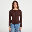 Gilet ajust&eacute; col rond manches longues marron fonc&eacute; femme