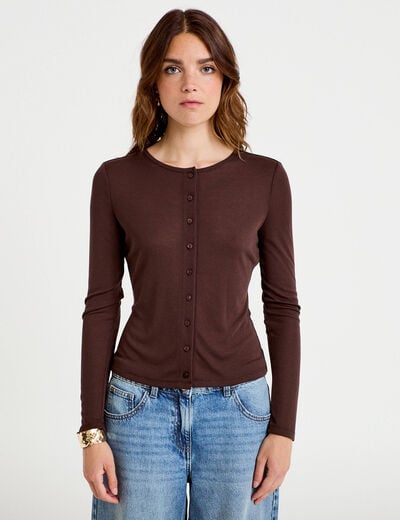 Gilet ajust&eacute; col rond manches longues marron fonc&eacute; femme