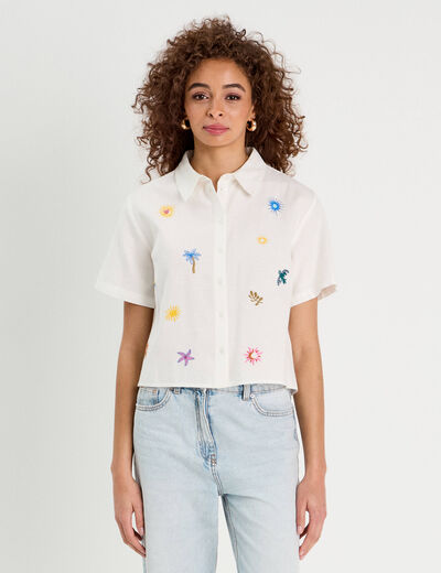 Chemise brodée manches courtes ecru femme