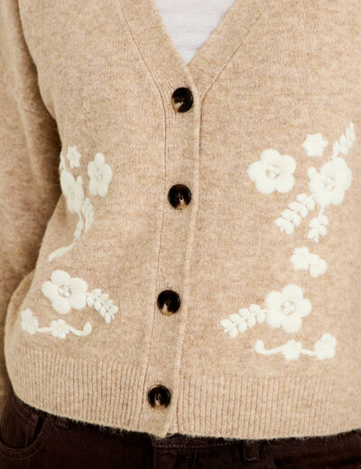 Gilet brod&eacute; col v manches longues beige femme