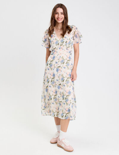 Robe évasée col v manches courtes blanc femme