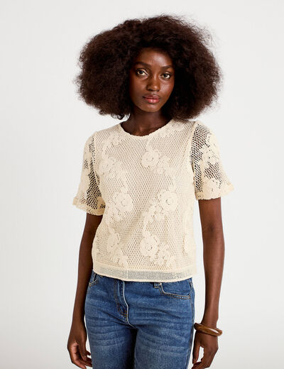 T-shirt manches courtes aspect dentelle ecru femme