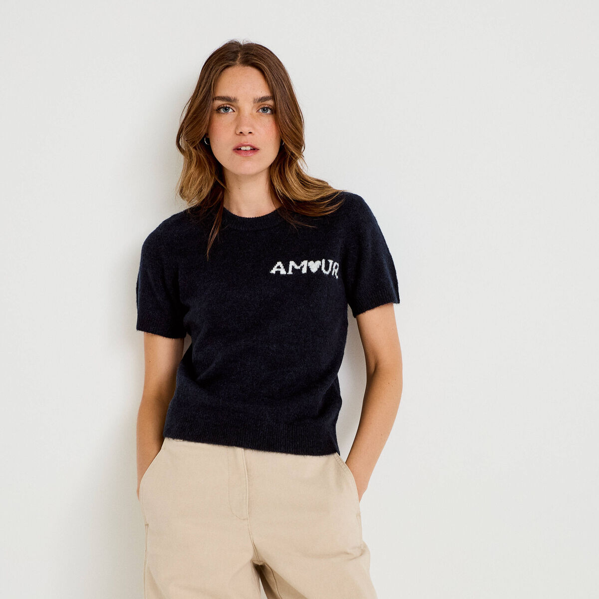 Pull ample manches courtes bleu marine femme