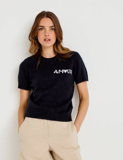Pull ample manches courtes bleu marine femme