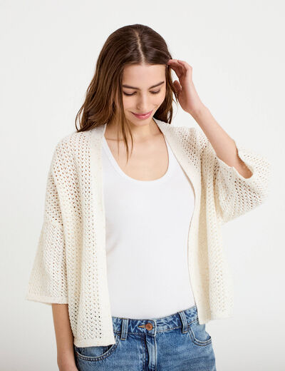 Kimono oversize ajour&eacute; col v ecru femme