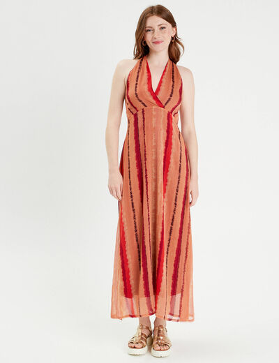 Robe longue évasée col en V rouge femme