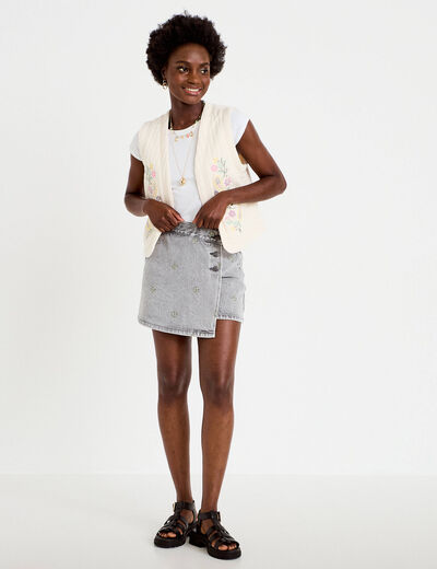 Jupe-short trap&egrave;ze courte taille haute denim gris femme
