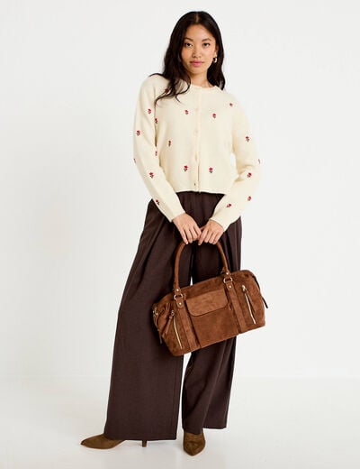 Gilet manches longues broderies col rond beige femme