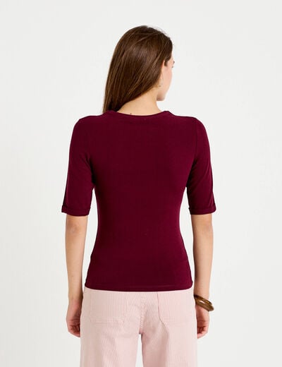 T-shirt ajust&eacute; col rond manches courtes bordeaux femme