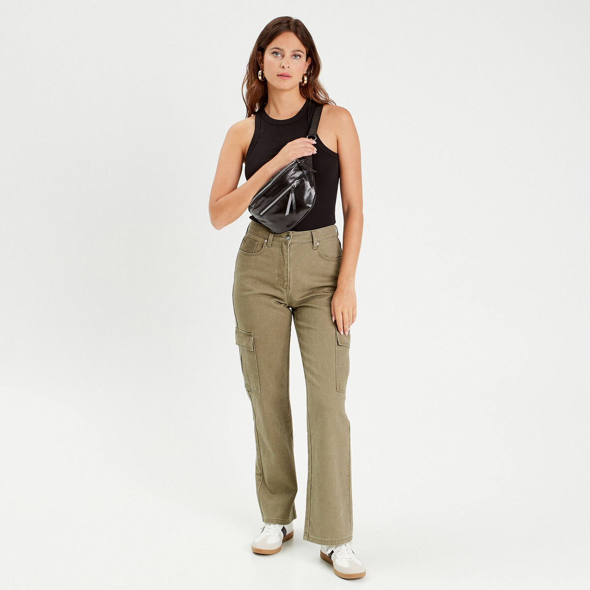 Pantalon large poches cargo vert kaki femme