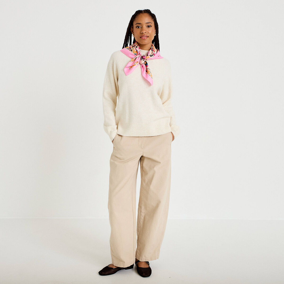 Pantalon chino coupe barrel beige femme