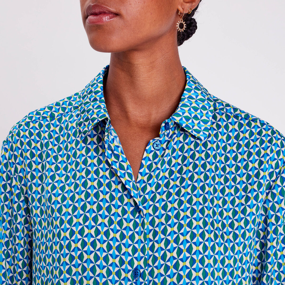 Chemise manches longues satin bleu femme