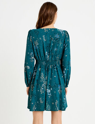 Robe courte &eacute;vas&eacute;e col v manches longues vert femme
