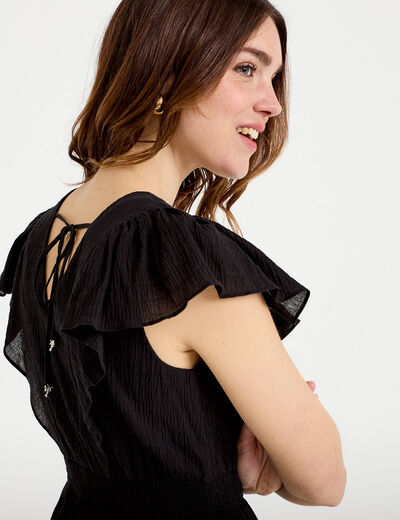 Robe courte &eacute;vas&eacute;e col v manches courtes noir femme