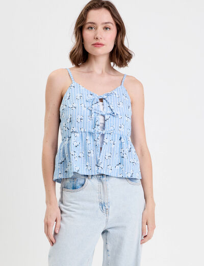 Top ajusté cropped col v bretelles bleu ciel femme