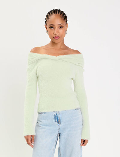 Pull ajust&eacute; col bardot manches longues vert pastel femme