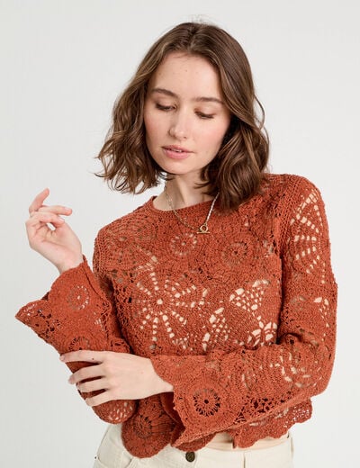 Pull ajouré effet crochet terracotta femme
