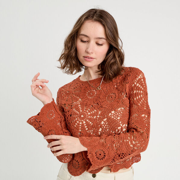 Pull ajouré effet crochet terracotta femme