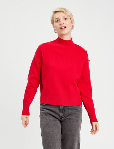 Pull col montant boutons rouge femme