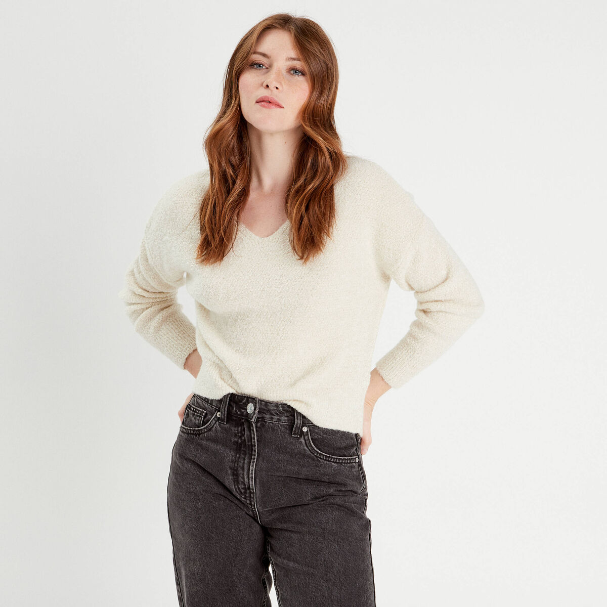 Pull manches longues col en V ecru femme