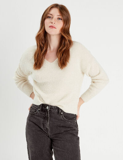 Pull manches longues col en V ecru femme