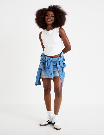 Short mom taille haute en jean denim double stone femme