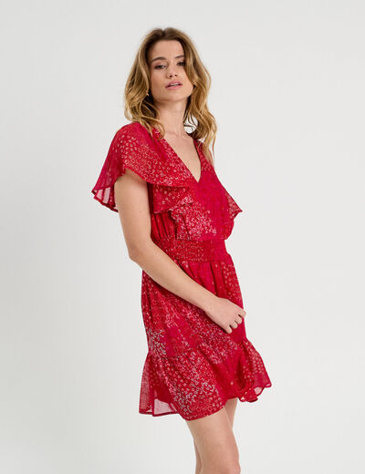Robe évasée taille smockée rouge femme