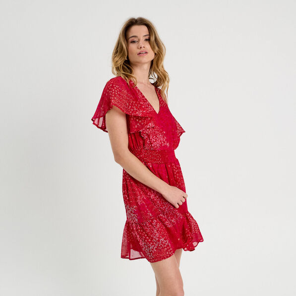 Robe évasée taille smockée rouge femme