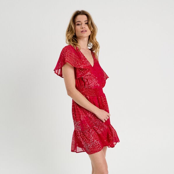 robe evasee taille smockee rouge femme Robe évasée taille smockée rouge femme