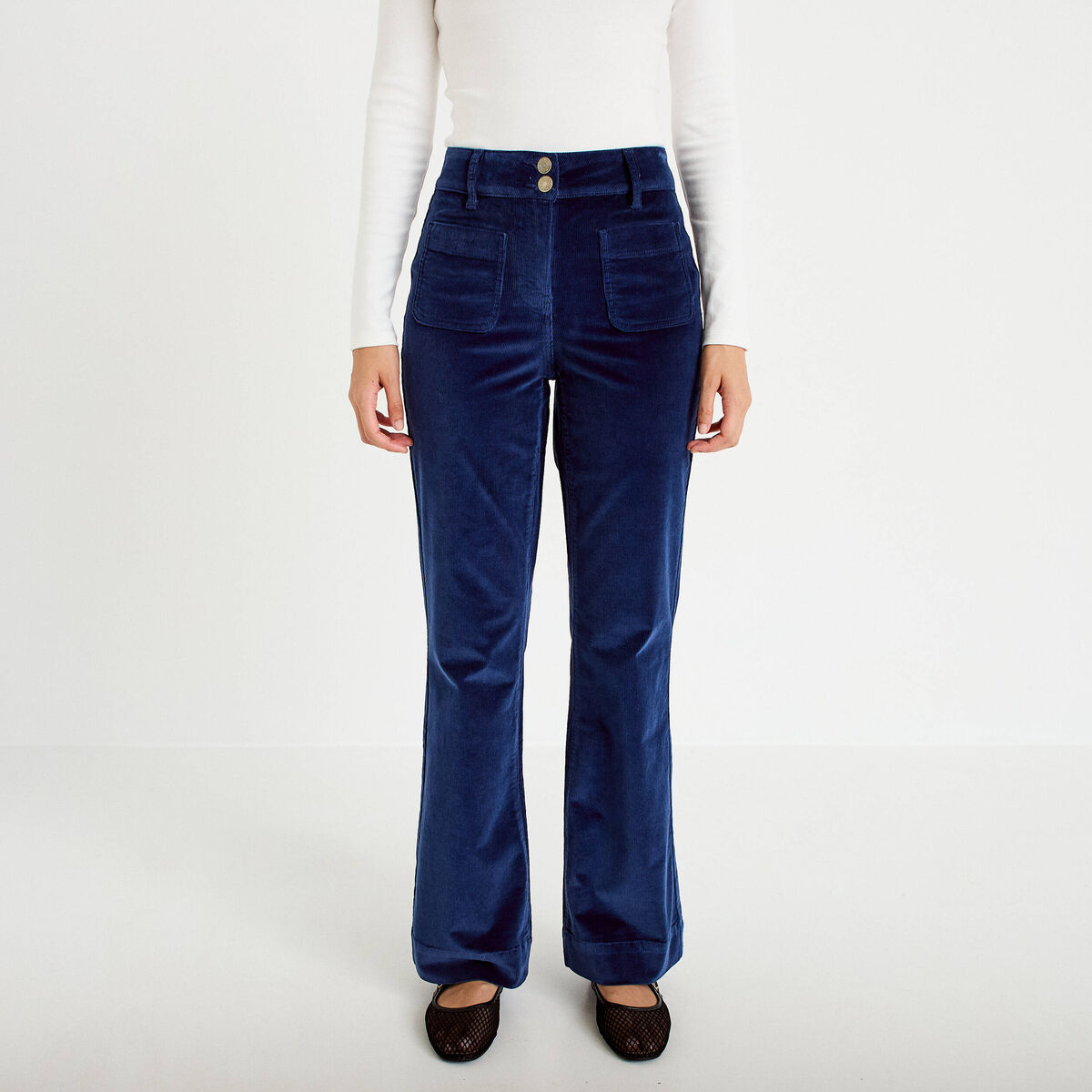 Pantalon bootcut taille haute velours bleu marine femme