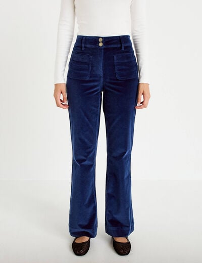 Pantalon bootcut taille haute velours bleu marine femme