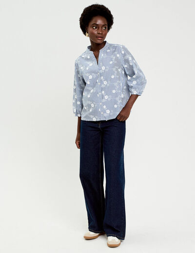 Blouse brod&eacute;e col mao manches 3/4 blanc femme