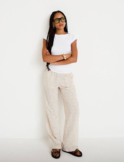 Pantalon large taille haute creme femme