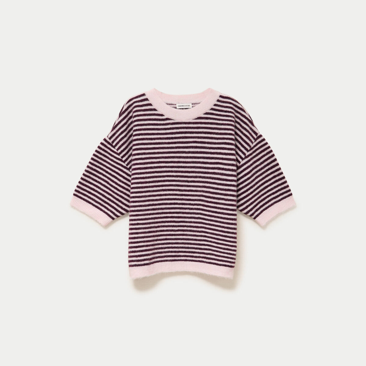 Pull ample duveteux manches courtes prune femme