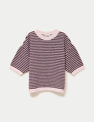 Pull ample duveteux manches courtes prune femme