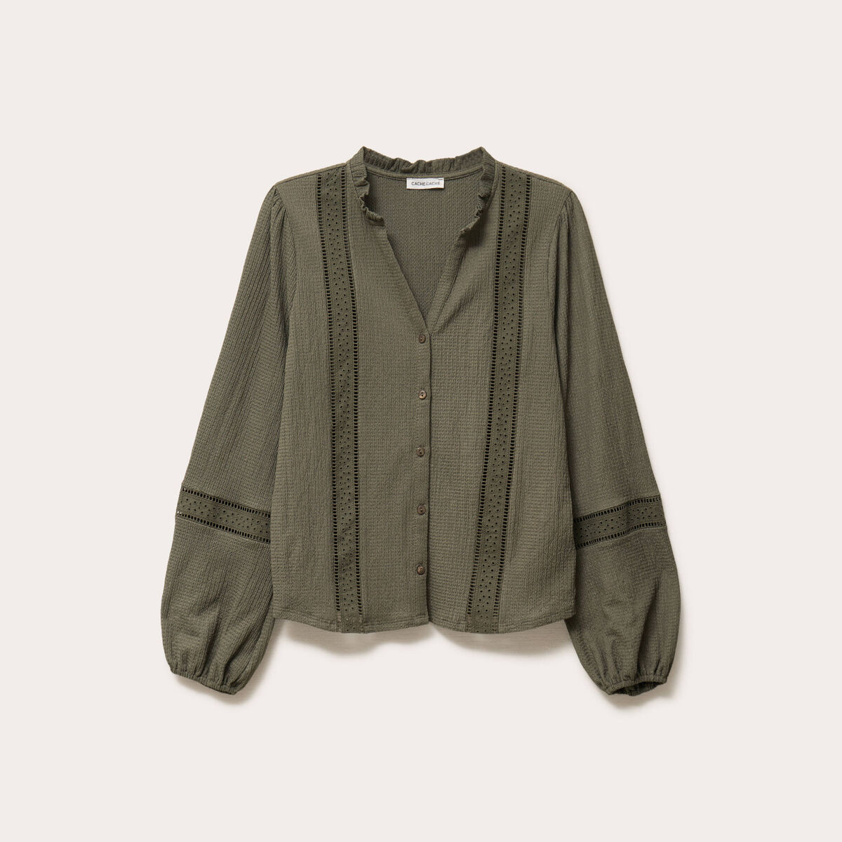 Blouse broderie col V manches longues vert kaki femme