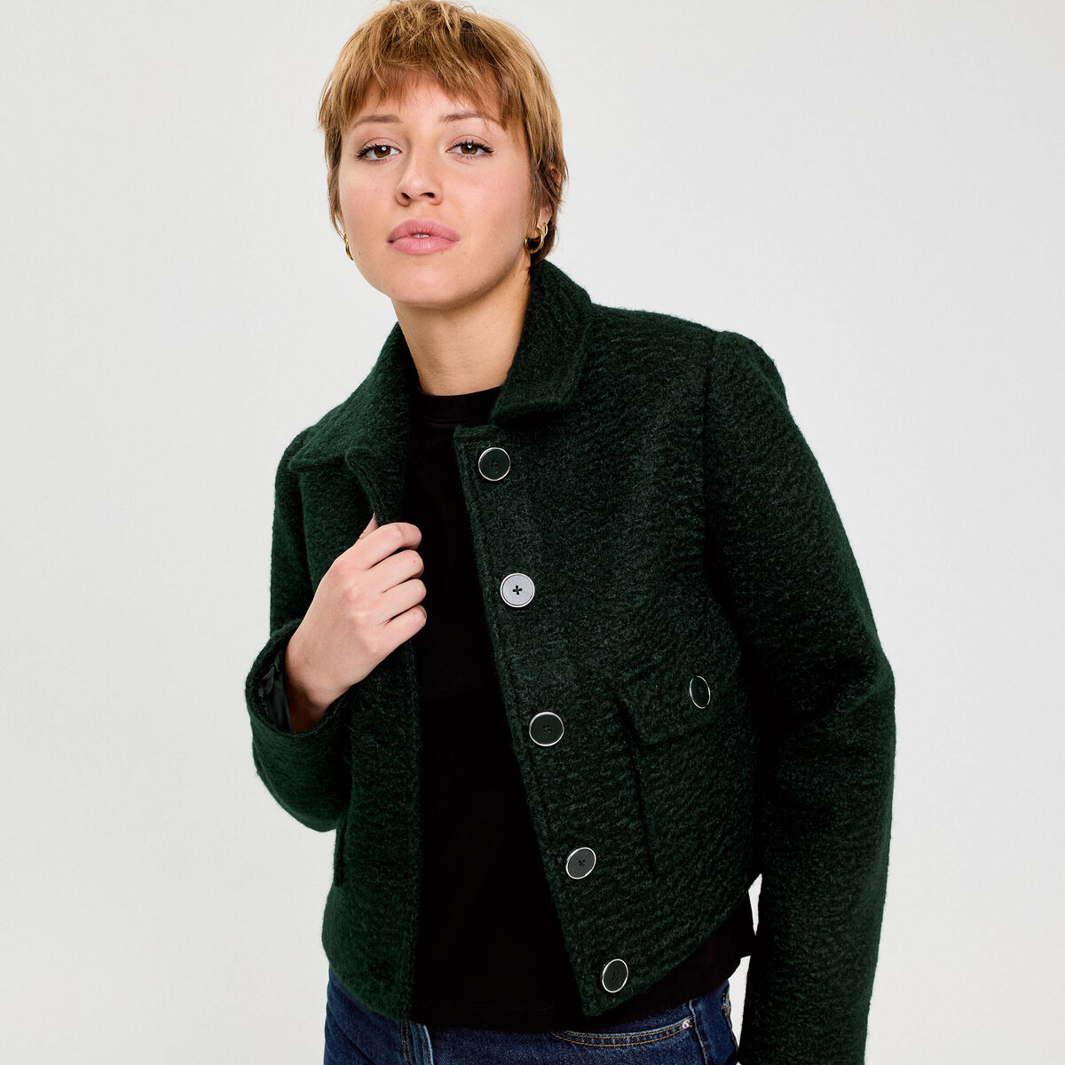 Veste bouclette boutonn&eacute;e vert fonc&eacute; femme