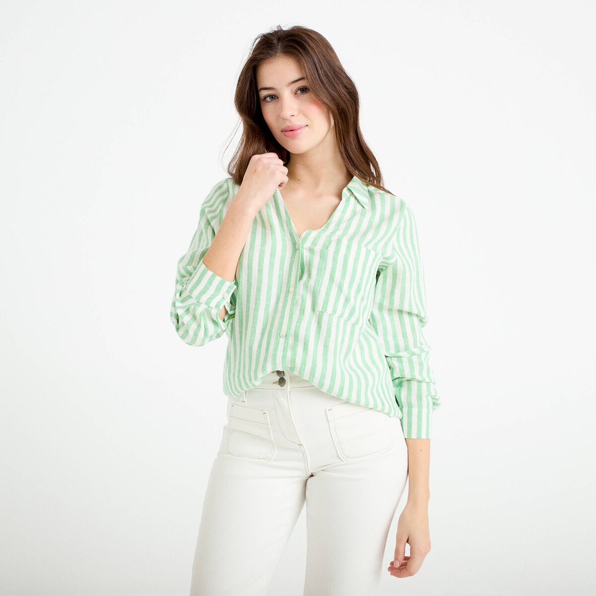 Chemise lin col V manches longues vert femme