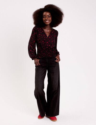 Blouse courte taille smock&eacute;e noir femme