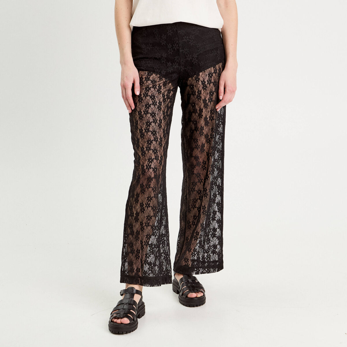 Pantalon dentelle large noir femme