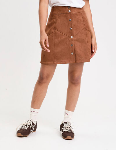 Jupe trap&egrave;ze courte aspect daim marron femme