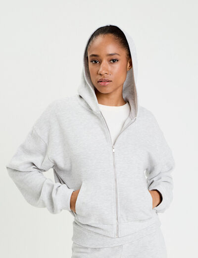 Sweat &agrave; capuche manches longues gris clair femme