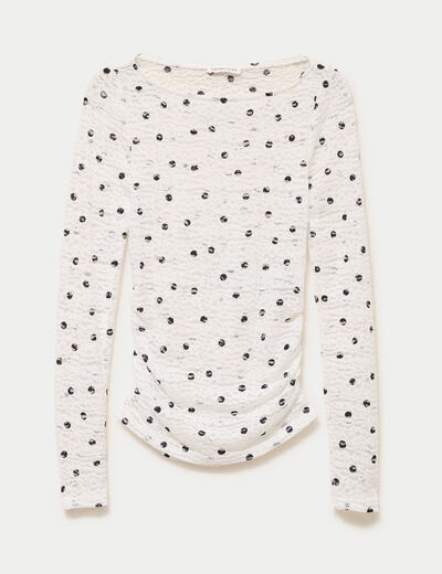 Top dentelle pliss&eacute; col bateau blanc femme