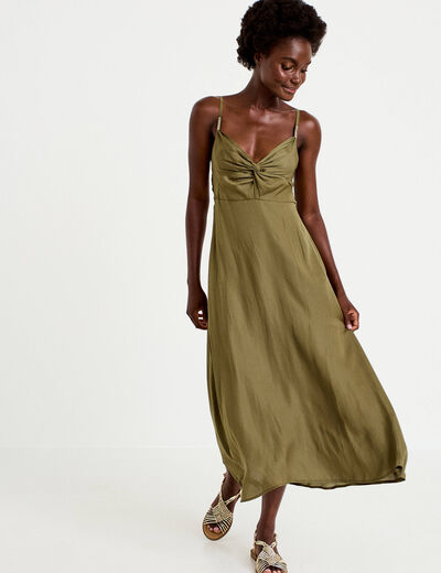 Robe longue &eacute;vas&eacute;e col v satin&eacute;e vert kaki femme
