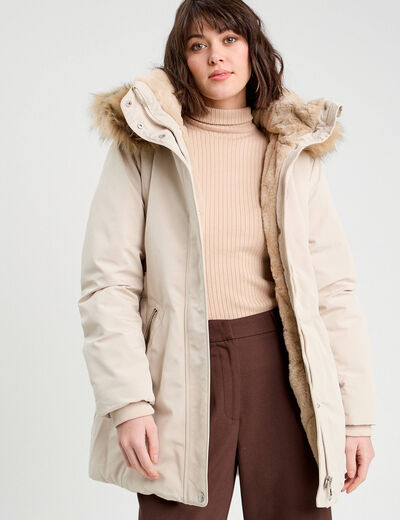 Parka droite avec capuche ecru femme