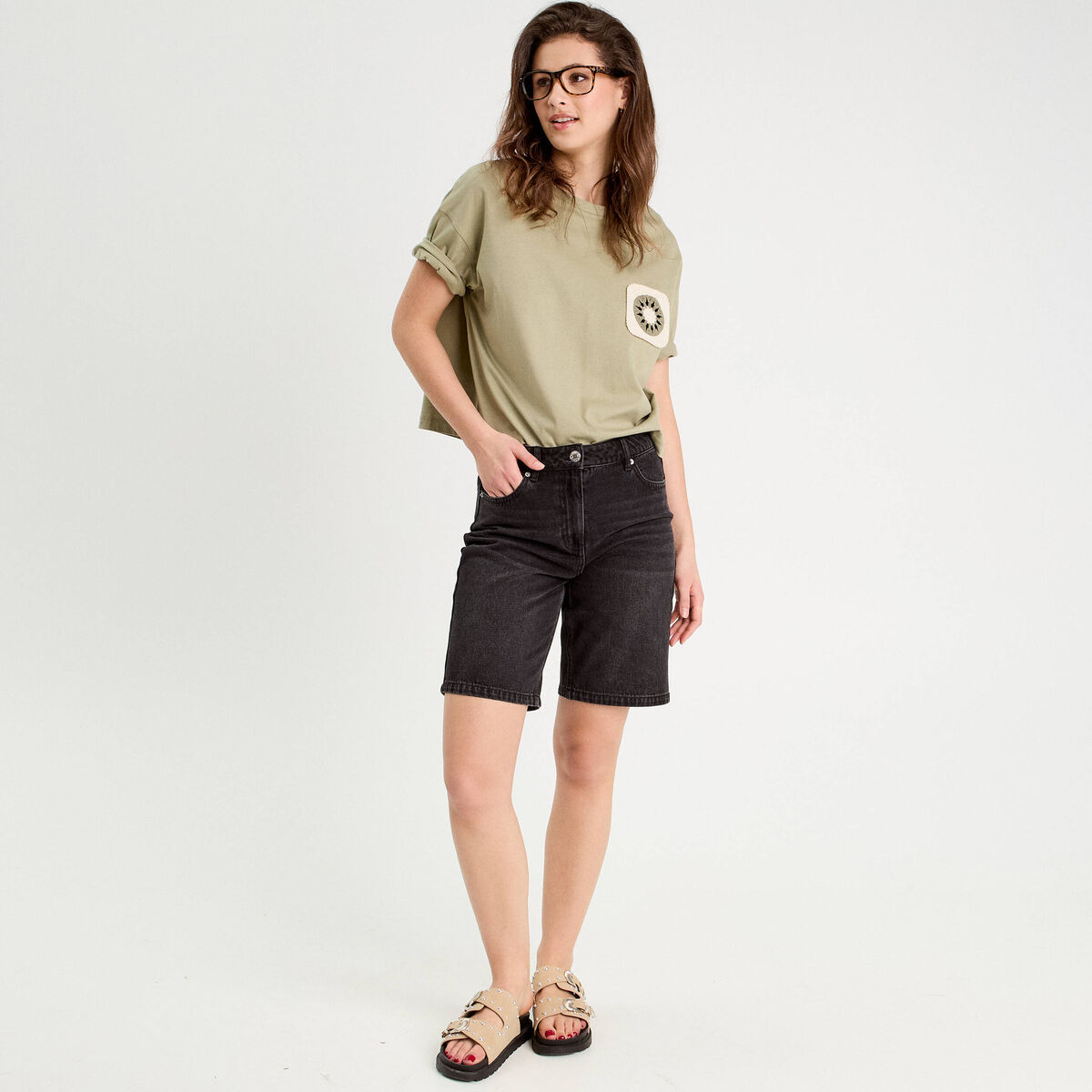 T-shirt manches courtes vert kaki femme